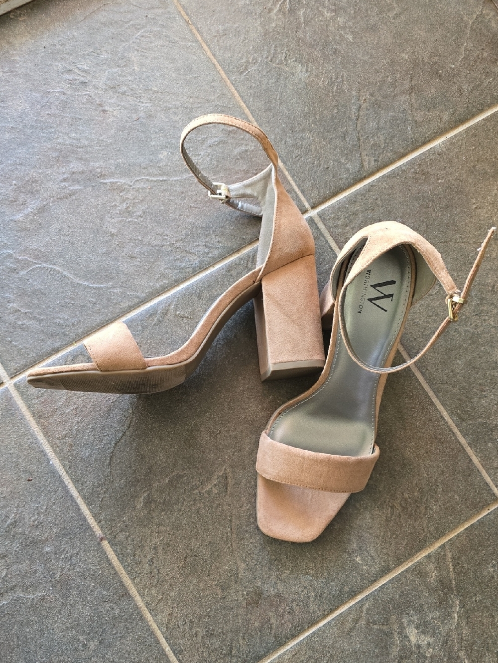 Worthington Suede Block Heel Sandals in Nude/Tan